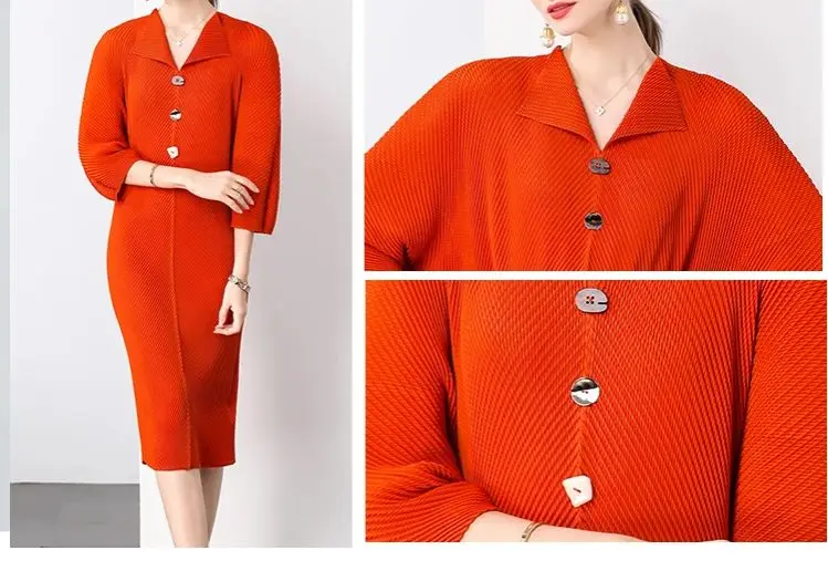 Miyake Pleated Office Lady Classic Draped Dresses for Women 2024 Summer Batwing Sleeve Lapel Large Size Loose Shirt Dress