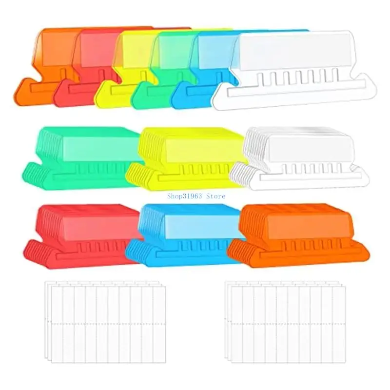 L4MA Set of 10 File Folder Tabs for Hanging Files Clear Colored Plastic Hanging File Folder Labels 2" Tabs and Inserts