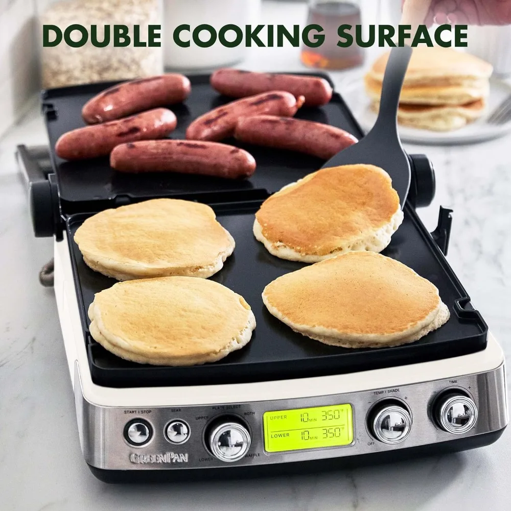 Nonstick Aluminum, Grill & Waffle Plates, Adjustable Shade & Shear, Closed Press/Open Flat Surface, PFAS-Free, Cream White