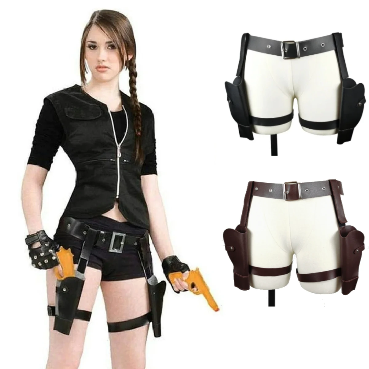 

Trendy Tomb Raider Lara Croft Police Cosplay Belt Holster Western Denim Belt Role-Playing guns holder band belts costumes