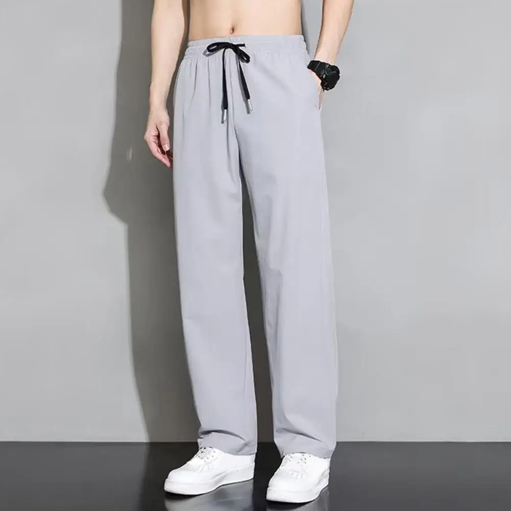 Men Casual Trousers Men's Ice Silk Suit Pants with Side Pockets Drawstring Waist Quick Dry Fabric for Gym Training Jogging