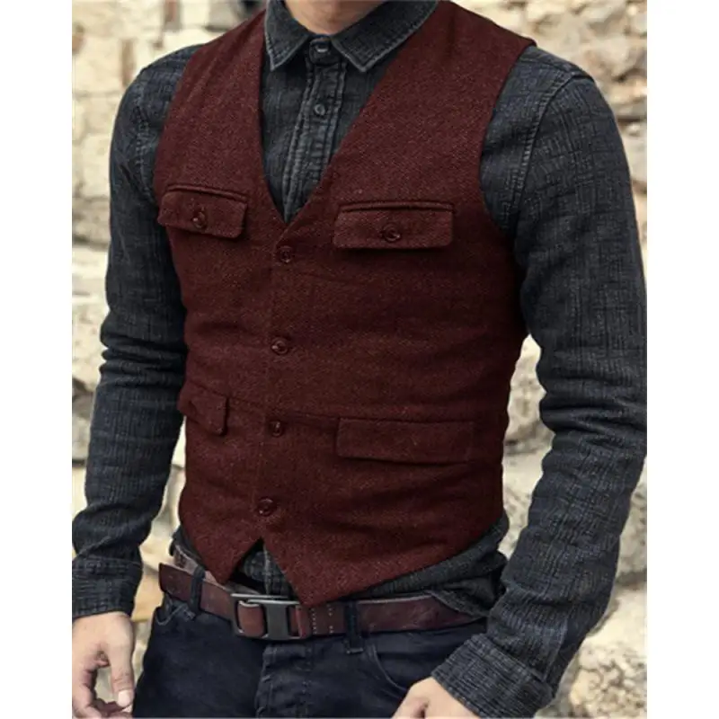 2024 new men\'s vest casual solid color herringbone vest