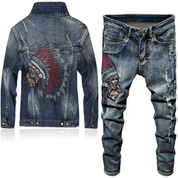 Autumn Winter New Fashion Embroidered Indian Jeans Sets Men's Stretch Jeans + Slim Casual Denim Jacket Vintage Two Pieces Sets