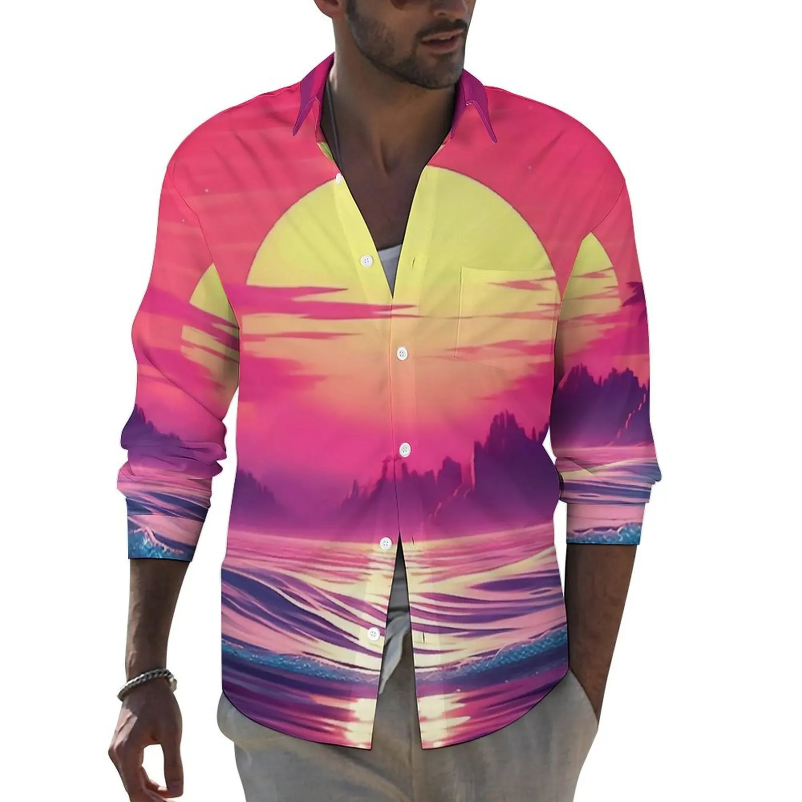 

Sunset Palm Trees Shirt Autumn Tropical Print Casual Shirts Male Fashion Blouses Long Sleeve Design Street Style Tops Plus Size