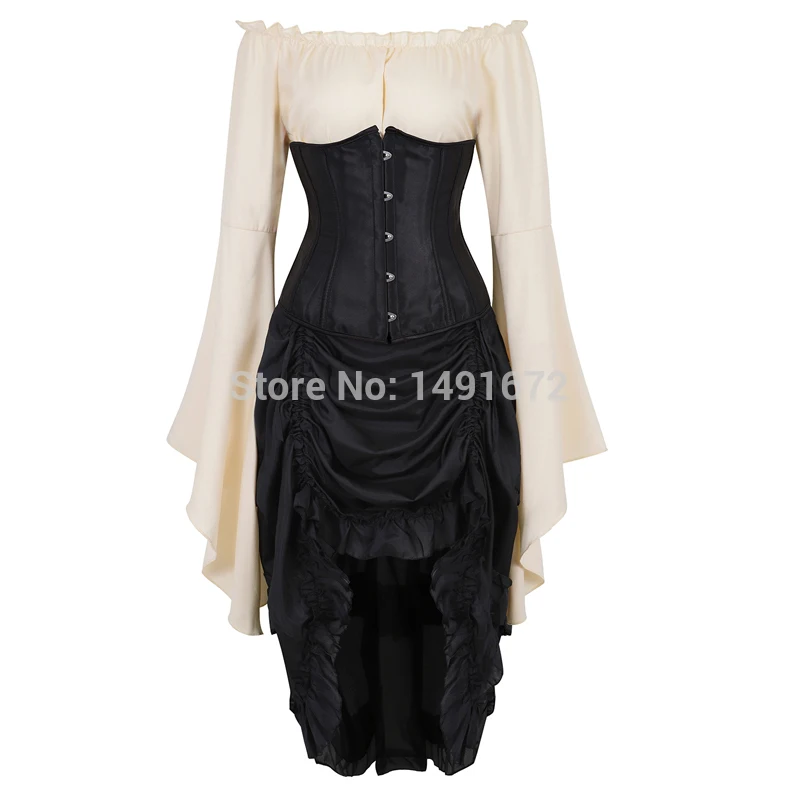 Underbust Corset Dress Top Skirt Shirt 3 Set Women Gothic Victorian Costume Cosplay Showgirl Corsets Burlesque Vintage Black