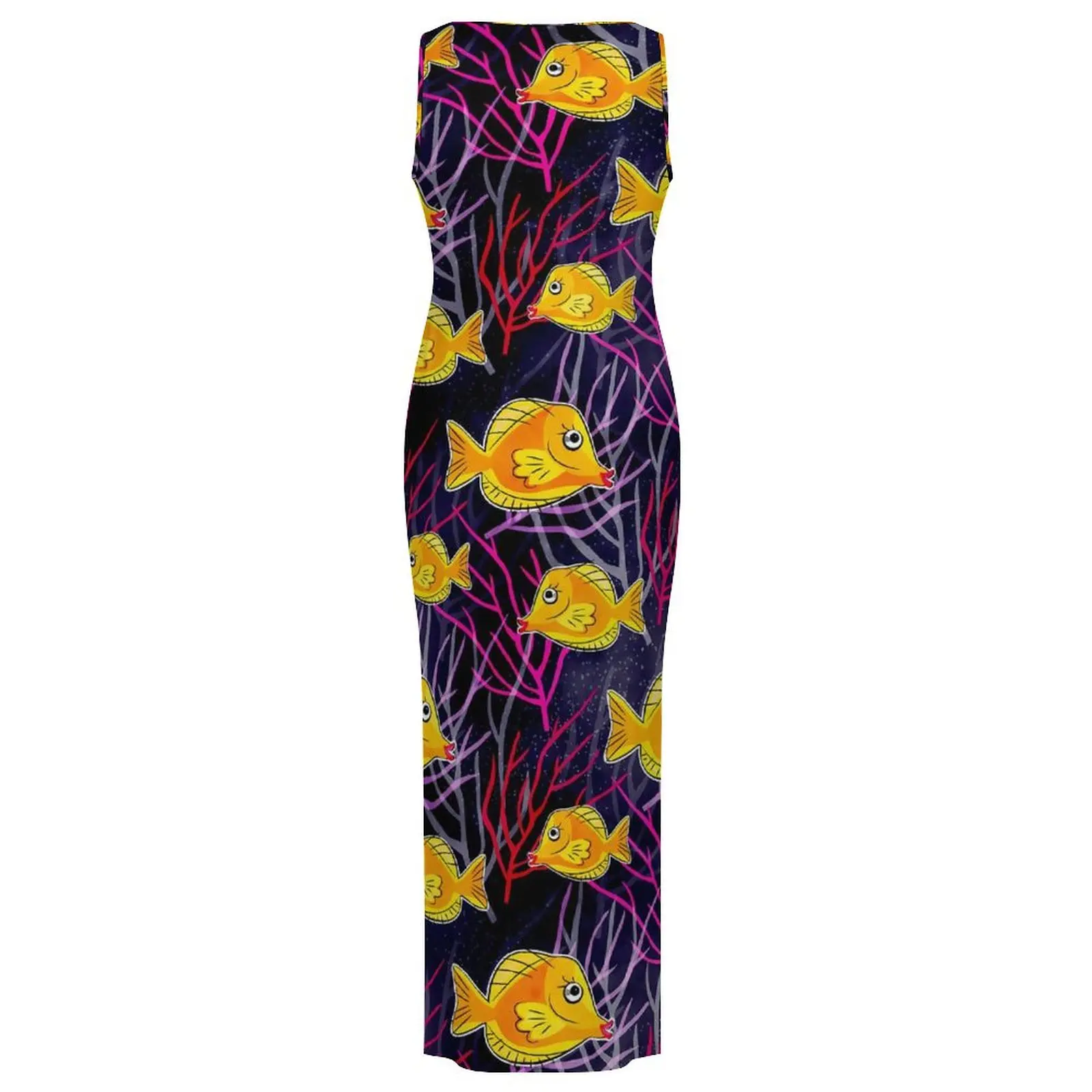 Women Bodycon Dress Vintage Sea Fish in The Ocean Maxi Dresses Spring Yellow Tang Sleeveless Streetwear Graphic Dress 3XL 4XL