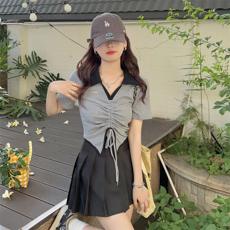 plus Size Uneven V-Neck Drawstring Pleated Short Sleeve T-Shirt Women's Summer New Style Slimming Short Top Ice Silk Thread