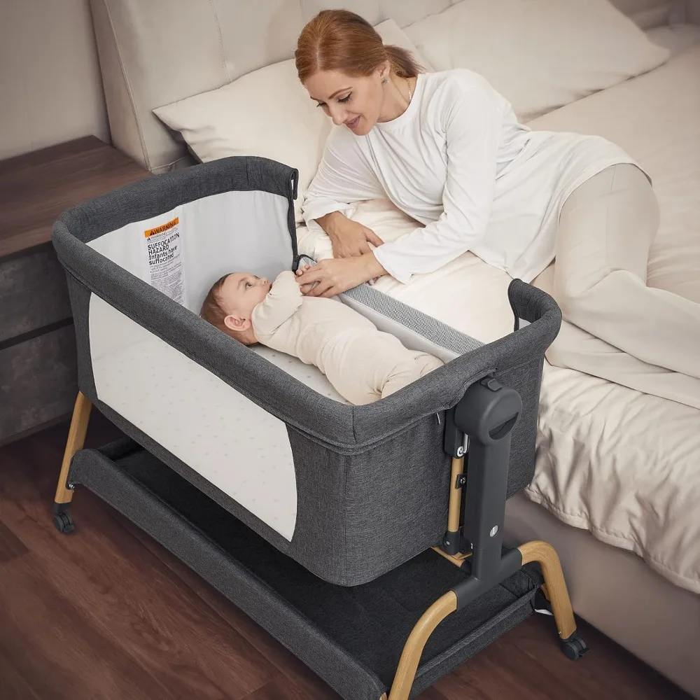 ANGELBLISS 3 in 1 Baby Bassinet, Rocking Bassinets Bedside Sleeper with Comfy Mattress and Wheels, 6 Height Adjustable Easy