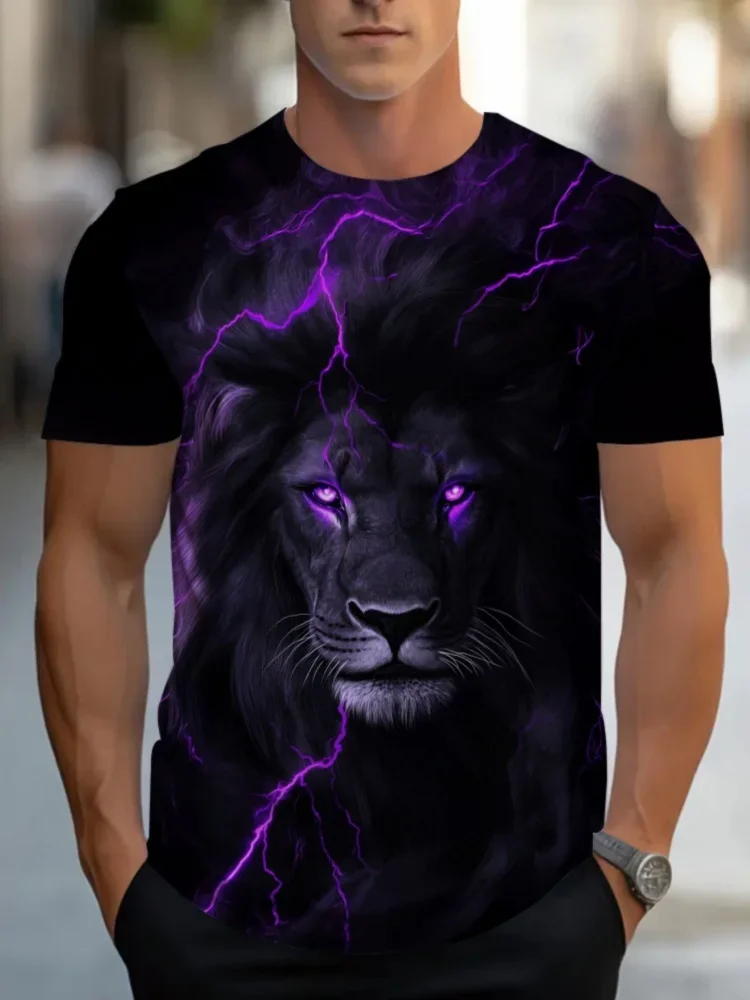 Fashion 3D Lightning Lion King Print Men's T-shirt Wild Animal Graphic T Shirt Summer Casual Short Sleeve Tops Trend Streetwear