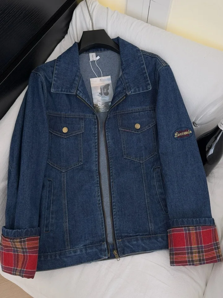 

Retro American High Street Plaid Patchwork Denim Jaet Women's Loose Sle Slimming Casual Jaet Ladies Top