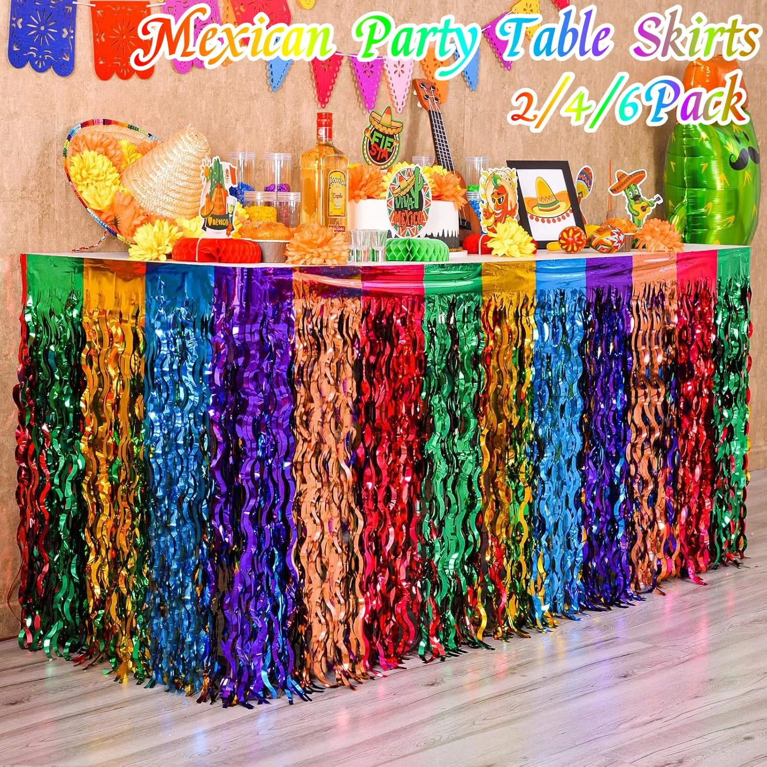 

2-6Pack Mexican Wavy Metallic Tinsel Foil Fringe 108"Rainbow Table Skirt Fiesta Party Decor for Birthday Party Day of The Dead