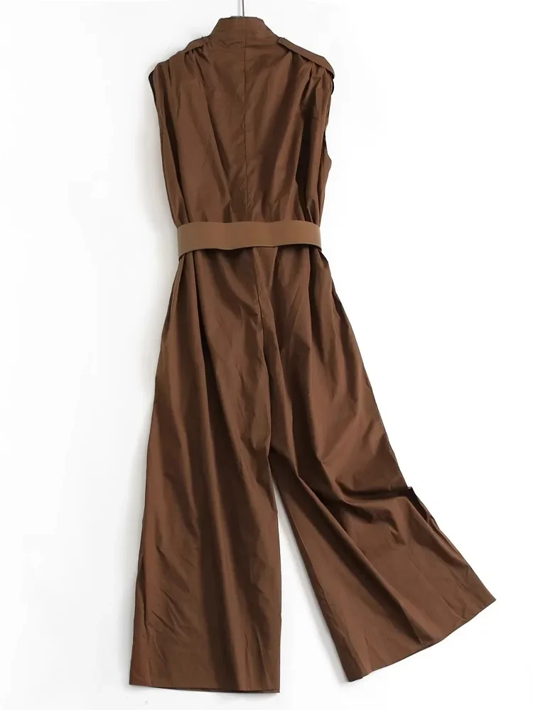 Brown Waist Belt Style Jumpsuit With Women'S Summer Design Sense, Large Pocket Loose Casual Wide Leg Jumpsuit Pants