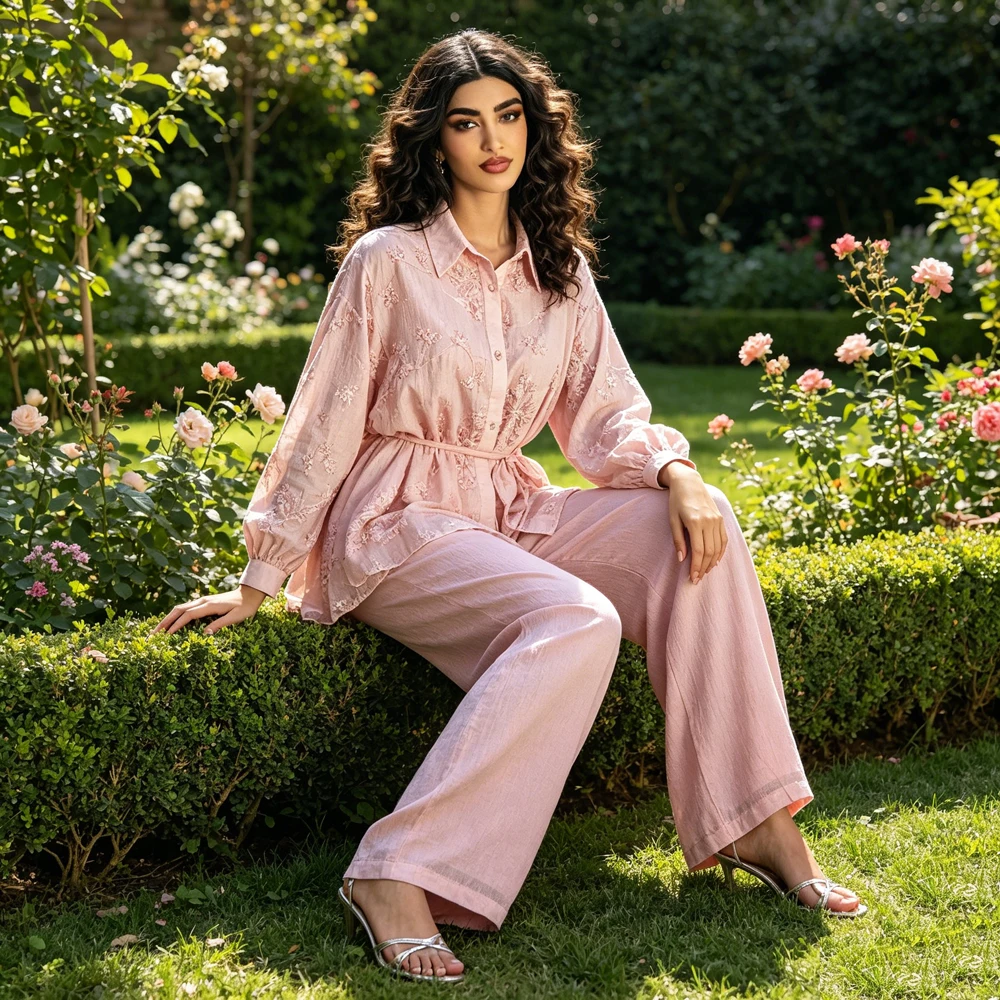 

Women Sequin Embroidery Muslim 2 Piece Set Lapel Long Sleeve Top Wide Leg Pants Dubai Islam Abaya Outfit Party Wear Clothing