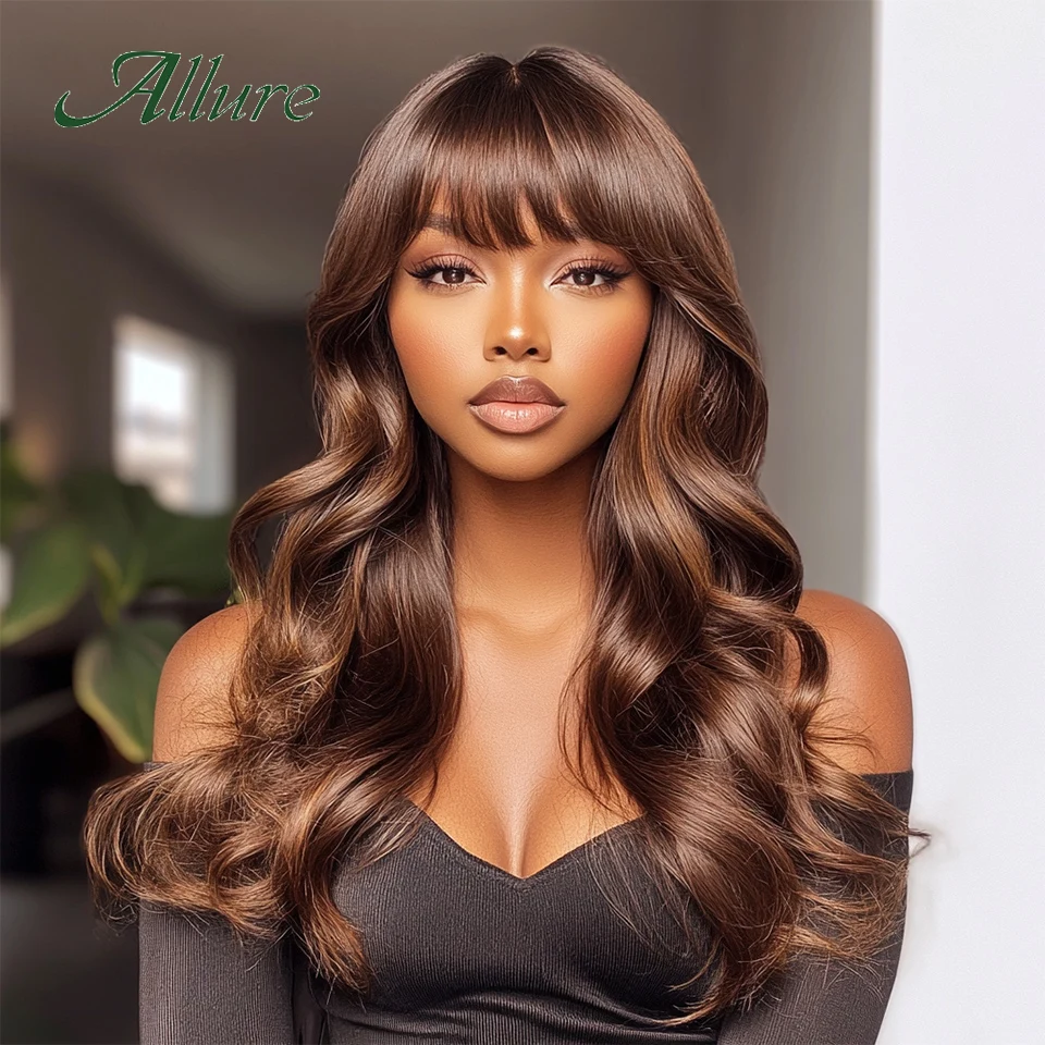 

Body Wave Human Hair Lace Wigs for Black Women Brazilian Dark Brown Colored Hair Wig With Bangs 180% Density Long Hair Allure