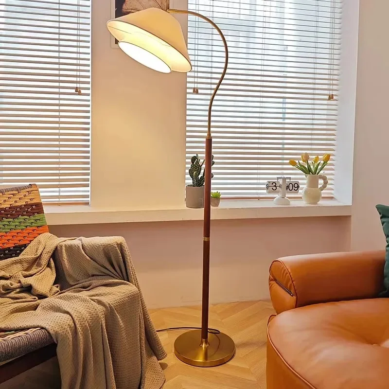 Vintage Curved Arm Fishing Floor Lamp Double Layer Fabric Lampshade Wood Pole Standing Reading Lamp