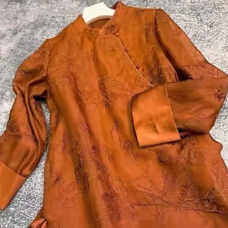 

Chinese Style Orange Embroidery Blouse Women 2025 New Autumn Loose Long Sleeve Womens Frog Button Elegant Shirt