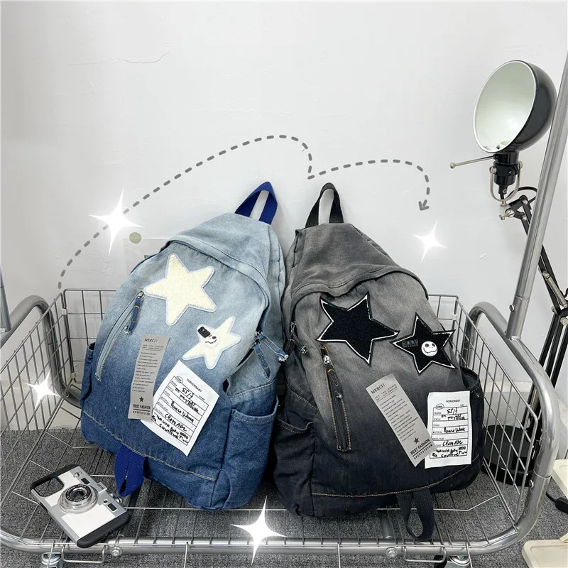 Vintage Trend Denim Shoulders Backpack Gradient Color Tie-dye Stars Backpack Teen Students Large Capacity Casual Jeans Schoolbag