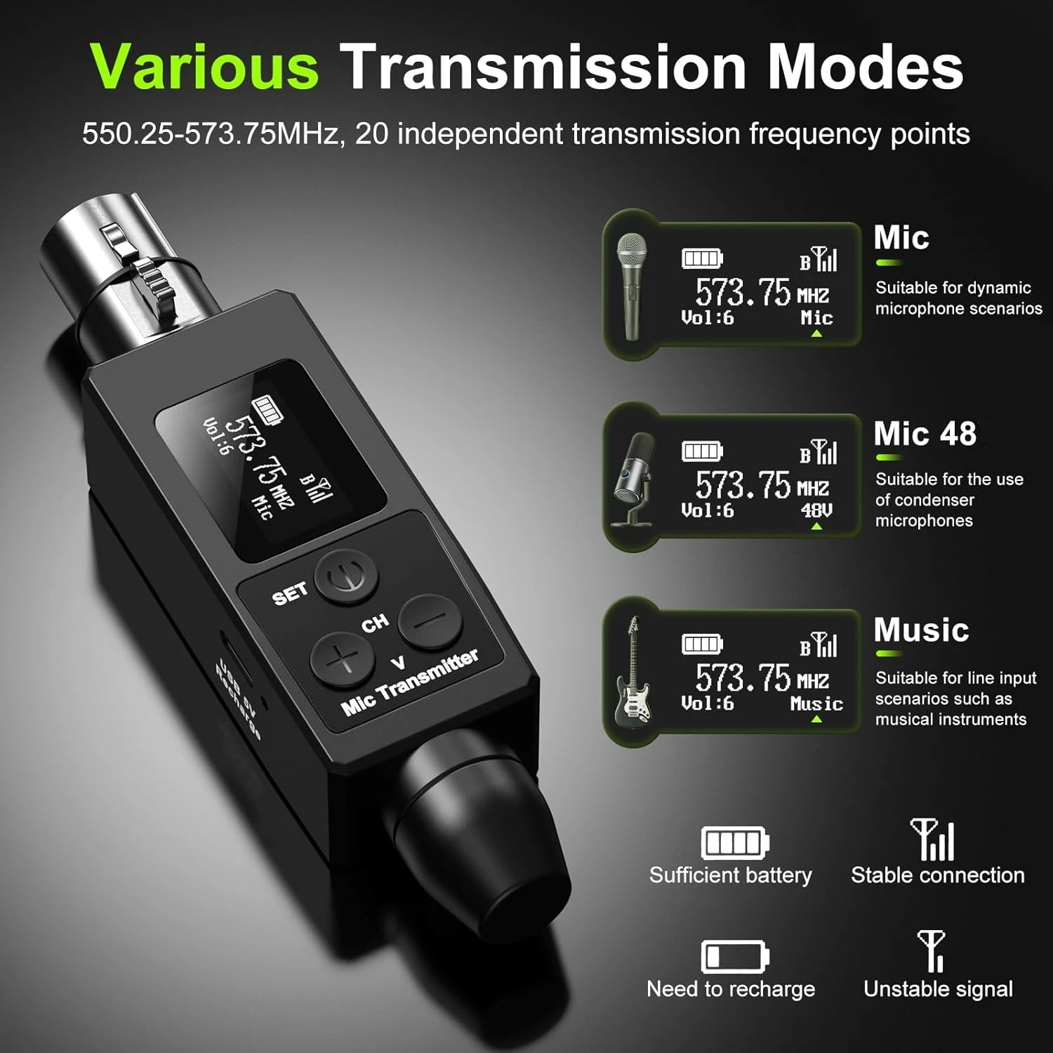 Microfone sem fio UHF com transmissor e receptor de microfone, usado para microfone condensador dinâmico, XLR, 48V, 2 PCs