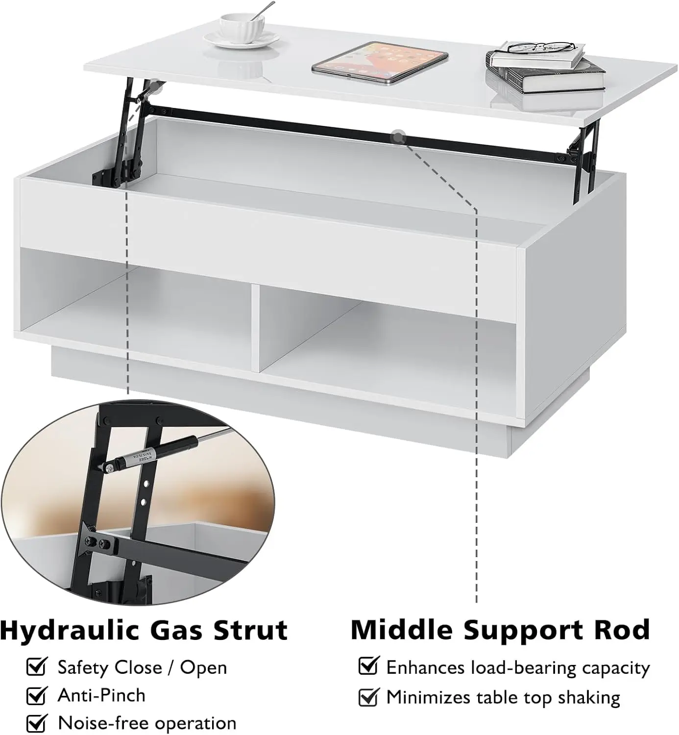 Подъемный журнальный столик со скрытой подставкой, современный кофейный столик, высокий блеск, белый, для гостиной, 3 уровня, современный чайный столик