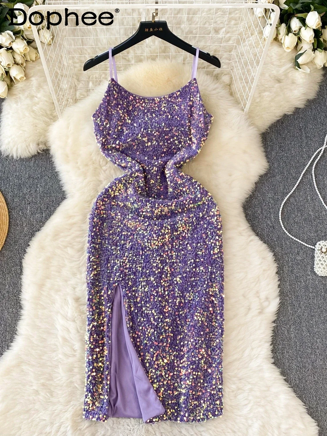 

French Luxury High-end Suspender Dress for Women Spring Summer Sequins Split Waist Design Sexy Girl Long Dress 2025 New