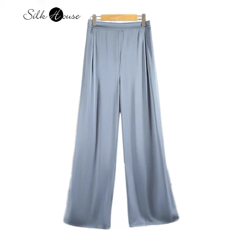 

93% Natural Mulberry Silk Elastic Double Qiao Satin Fog Blue High Waisted Casual Women's Office Commuting Straight Pants