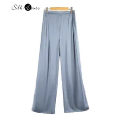 93% Natural Mulberry Silk Elastic Double Qiao Satin Fog Blue High Waisted Casual Women's Office Commuting Straight Pants