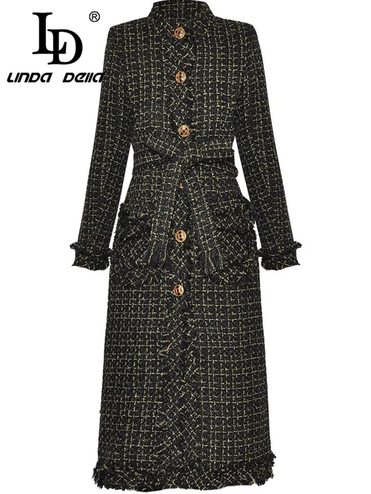 

LD LINDA DELLA New Fashion Women's Coat Stand Collar Single-Breasted Long Sleeved Lace-Up Elegant Autumn and Winter Overcoat