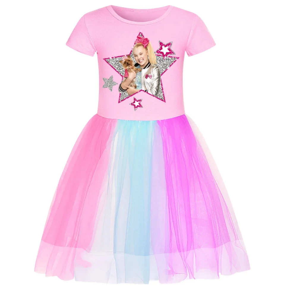 Girls Princess Dress Kids Cute JOJO Siwa T Shirt Pleated Dresses Children Summer Vestidos Cartoon Birthday Party Clothes