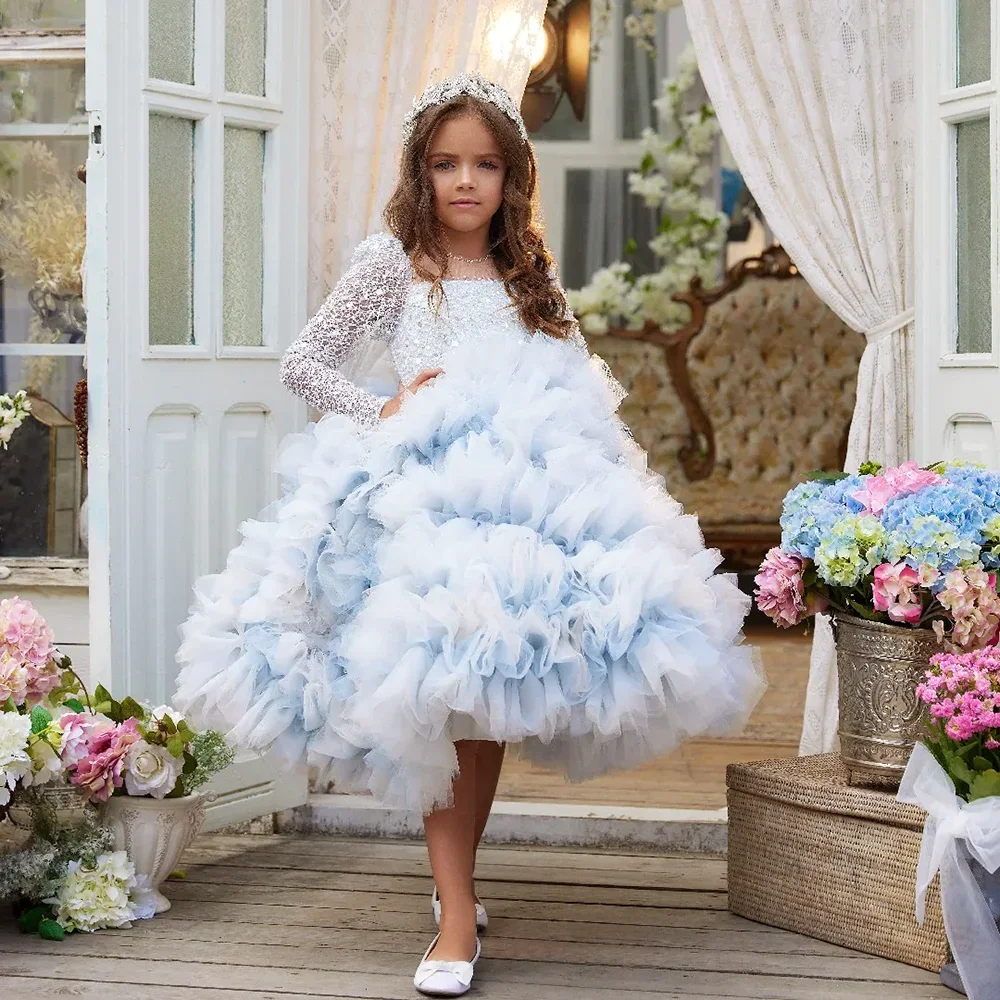 Gorgeous Ruched Knee-Length Girl Dresses Wedding Party Pageant Dress Fashion Crew Neck Long Sleeves Pleat Sequined Ball Gowns