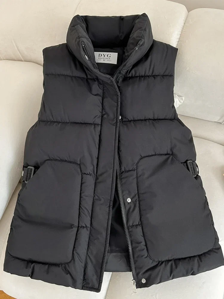 Women Vest Parkas Sleeveless Solid Jackets Zipper Button Splice Thick Vests Pockets Stand Collar Coats Elegant Lady Parka