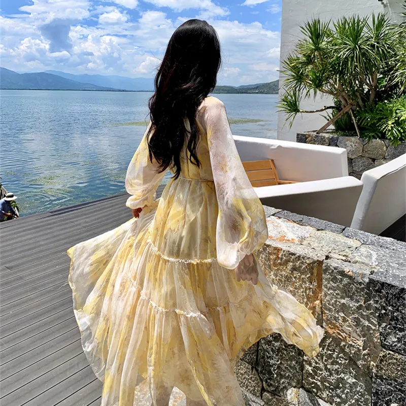 Elegância francesa rosa floral puff manga chiffon em camadas vestidos de balanço para mulheres verão preguiçoso férias praia solto vestido longo