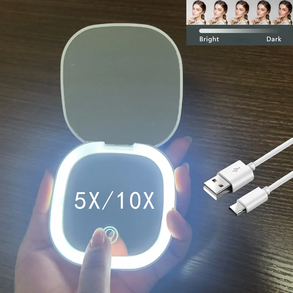 Mini Compact Foldable Pocket Hand Led Makeup Mirror With Led Light 5x/10x Magnification Rechargeable And Small