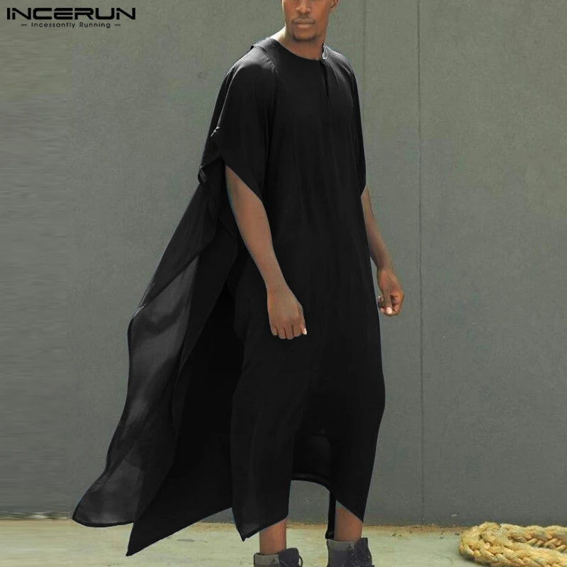 2023 erkekler müslüman jumuslim Thobe o-boyun kısa kollu katı Vintage düzensiz Kaftan erkekler İslami arapça Kaftan erkekler elbiseler S-5XL INCERUN