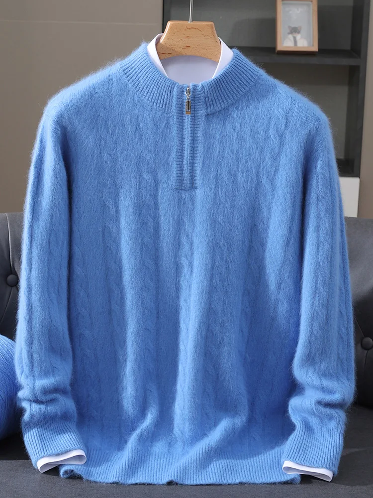 

Fashion Zippered Men Long Sleeve Knitwear Sweater Autumn And Winter Mock-Neck 100% Mink Cashmere Warm Clothing Tops