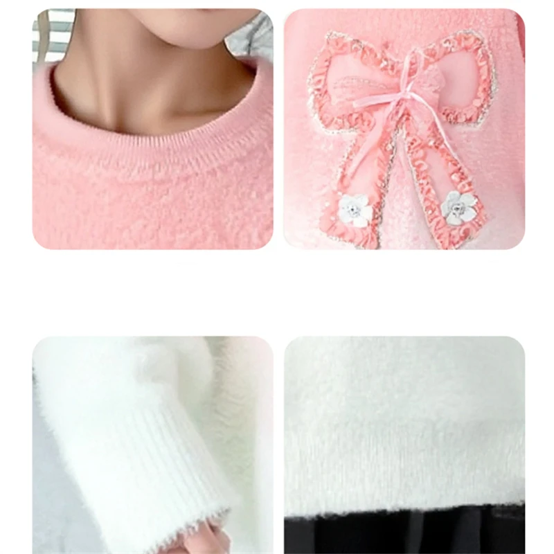 Sweet Style Kids Girl Fashion Mink Cashmere Fur Sweater with Bow Elegant Teenage Child Trendy Pink Color Knitwear Autumn Clothes