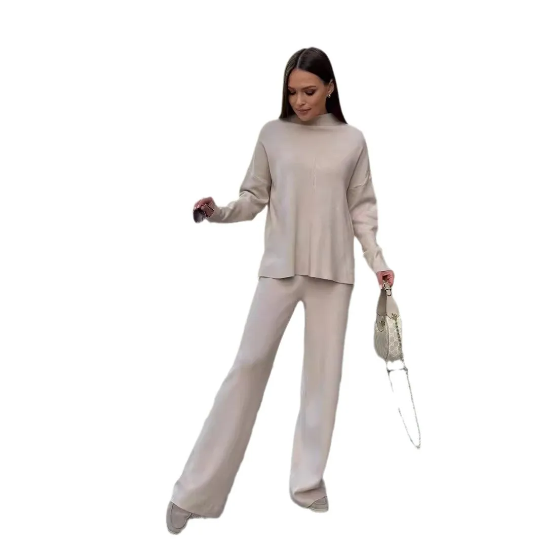 Knitting 2 Piece Set Women Pullover Sweater Pants Suit Knitted Top Half High Collar Jumpers Trousers Outfits Autumn Winter