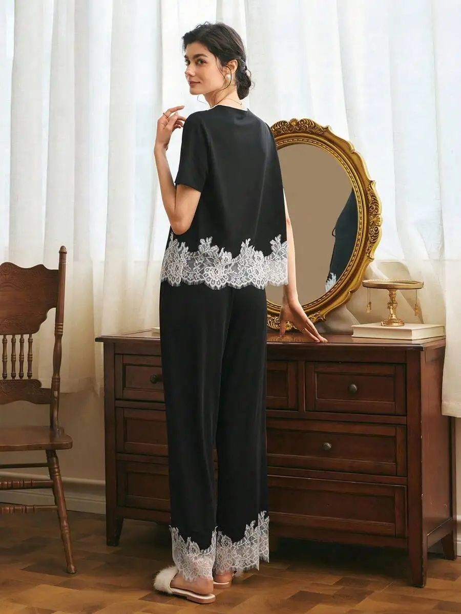 

Elegant Casual Lace Trimmed V-Neck Short Sleeve Pajama Set For Women