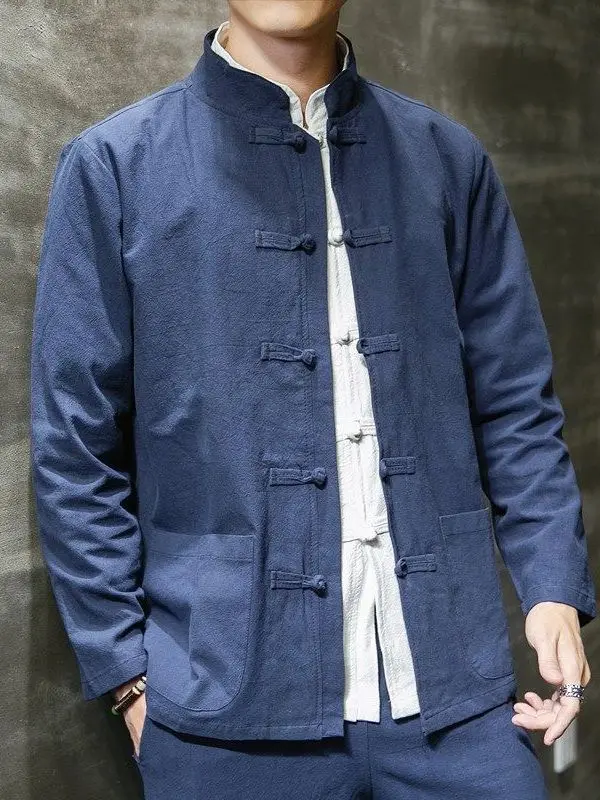 

Cotton Linen Men's Jaet Autumn New Chinese Sle National Trend Tea Costume Stand Collar Button down Coat Youth ular