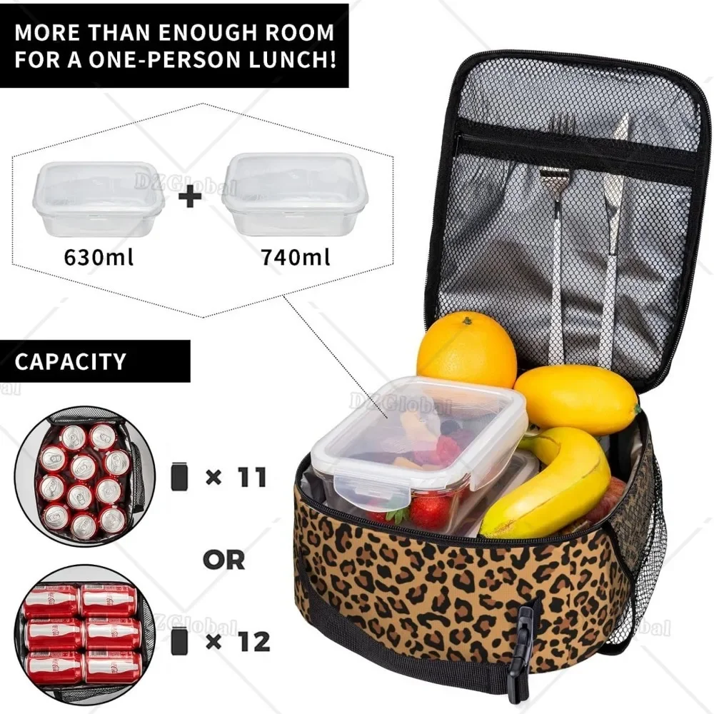 Leopard Print Lunch Box for Men Women Small Lunch Bag for Office Work Picnic Reusable Portable Waterproof Bento Tote Bags