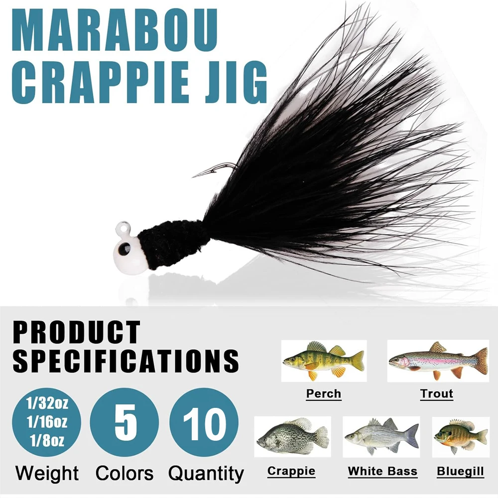 9PCS Jig Heads Colors for fishing Crappie Jig Marabou Feather fishing Lures Round Head Hair Jig Bait for Bass Trout Panfish