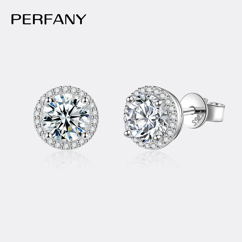 PERFANY Moissanite Women's Round Earrings S925 Solid Silver Plated 18K White Gold Diamond Earrings Wedding Luxury Jewelry