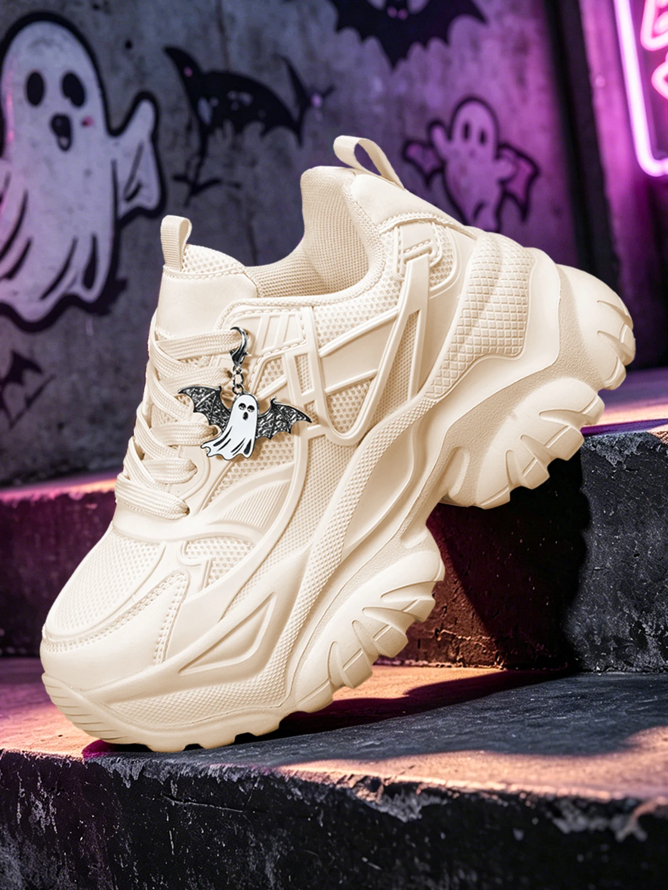 Women's 2026 New Sweet-Cool Y2K Gothic Style Off-White Thick-Soled 7cm Height-Increasing Vulcanized Shoes, High Street Subculture Trendy Versatile Casual Sneakers, Featuring a Lightweight and Breathable Mesh Fabric Upper, Paired with a Retro Silver Ghost Metal Pendant, Eva Serrated Outsole, Suitable for All Seasons, Perfect for Everyday Commuting, Parties, and Various Occasions