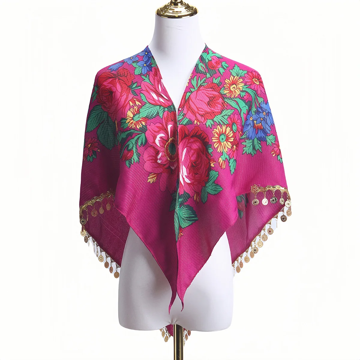 Sparkling Golden Pieces Tassel Shawl Luxury Floral Print Triangle Scarf Lady Pareo Bandana Headband Scarves Female Head Wraps view 6