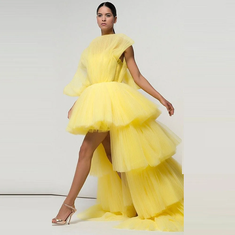 Eleganckie żółte sukienki z tiulu dla kobiet, unikalny dekolt, jedno ramię, warstwowa, asymetryczna sukienka na urodziny lub sesję zdjęciową.