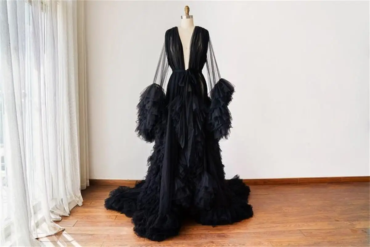 Fluffy Black A Line Maternity Robes for Photo Shoot Tiered Ruffles Long Sleeves Pregnant Women Gowns Sexy Baby Shower Dresses