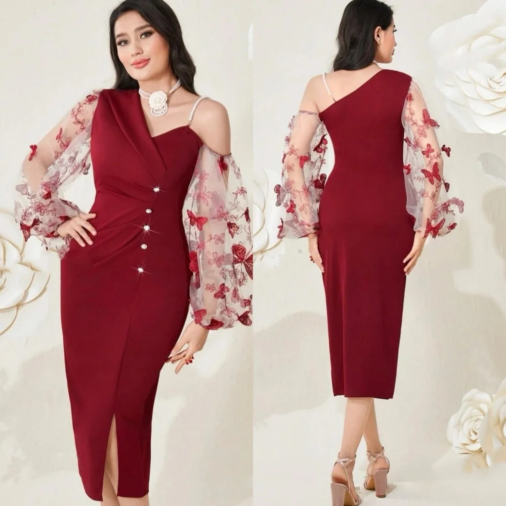 

Customized Evening Sexy Casual Jersey Applique Sequined Ruched Clubbing A-line V-neck Bespoke Occasion Gown Midi Dresses