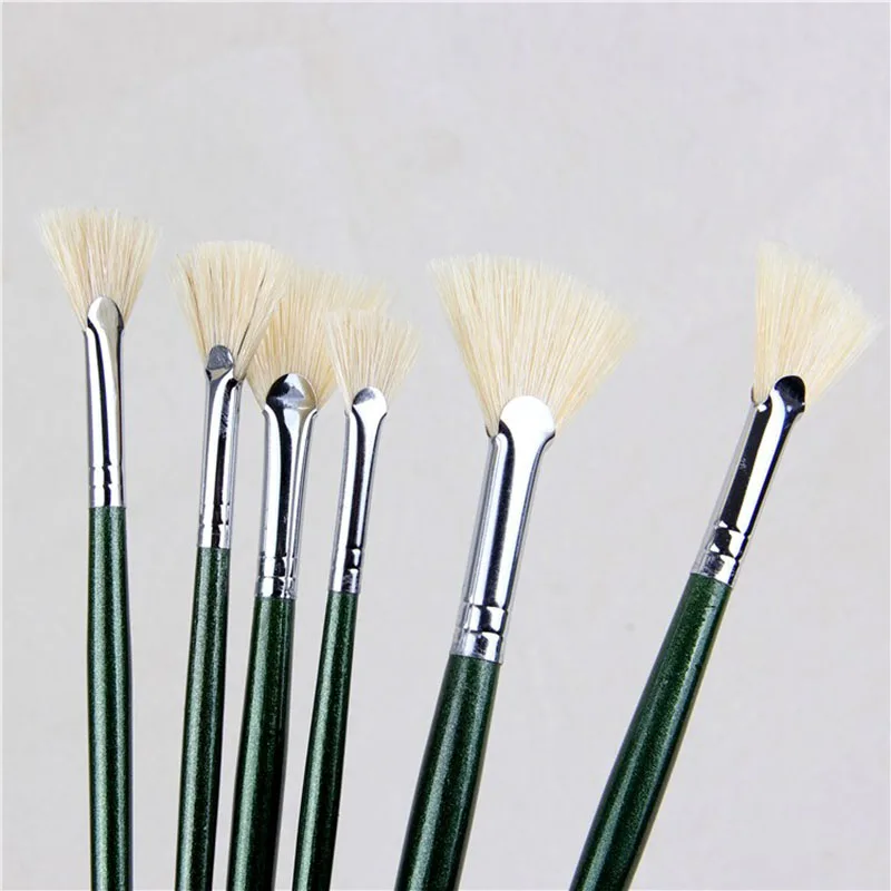 6pcs/Set Hand Drawn Pig Bristle Hair Fan Shape Painting Pen Artist Oil Painting Brushes Art Supplies Stationery Free Shipping