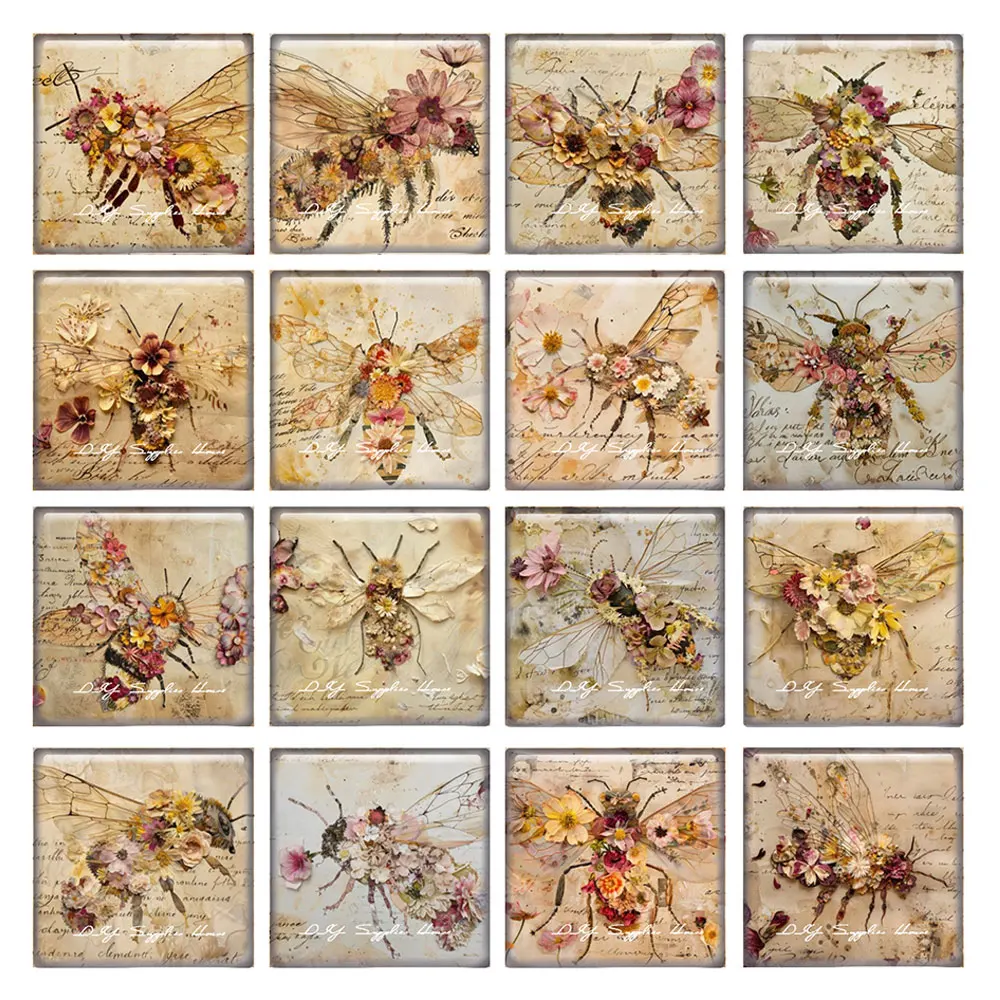 

10pcs/lots Art Bee Flower Honey Retro Paper Square Photo Glass Cabochon Flatback Demo Flat Back Cameo For Diy Jewelry Making