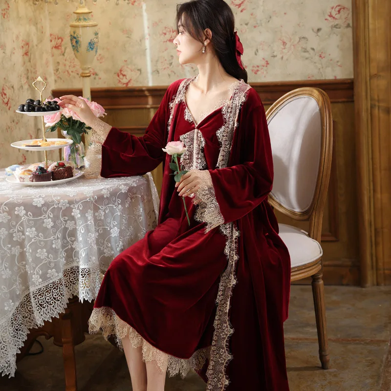 Women Velvet Night Dress Two Pieces Autumn Winter Warm Velour Robe Sets Sexy Lace V Neck Nightwear Vintage Nightgowns Sleepwear