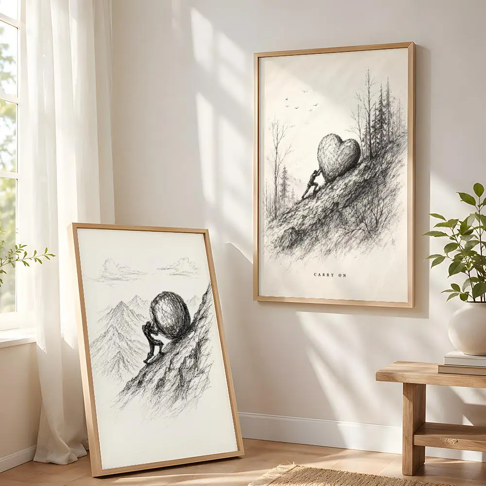 Sisyphus Pushing Boulder Up Painting Calligraphy Canvas Poster for Bedroom Living Room Home Decor Wall Decoration Decals Gift